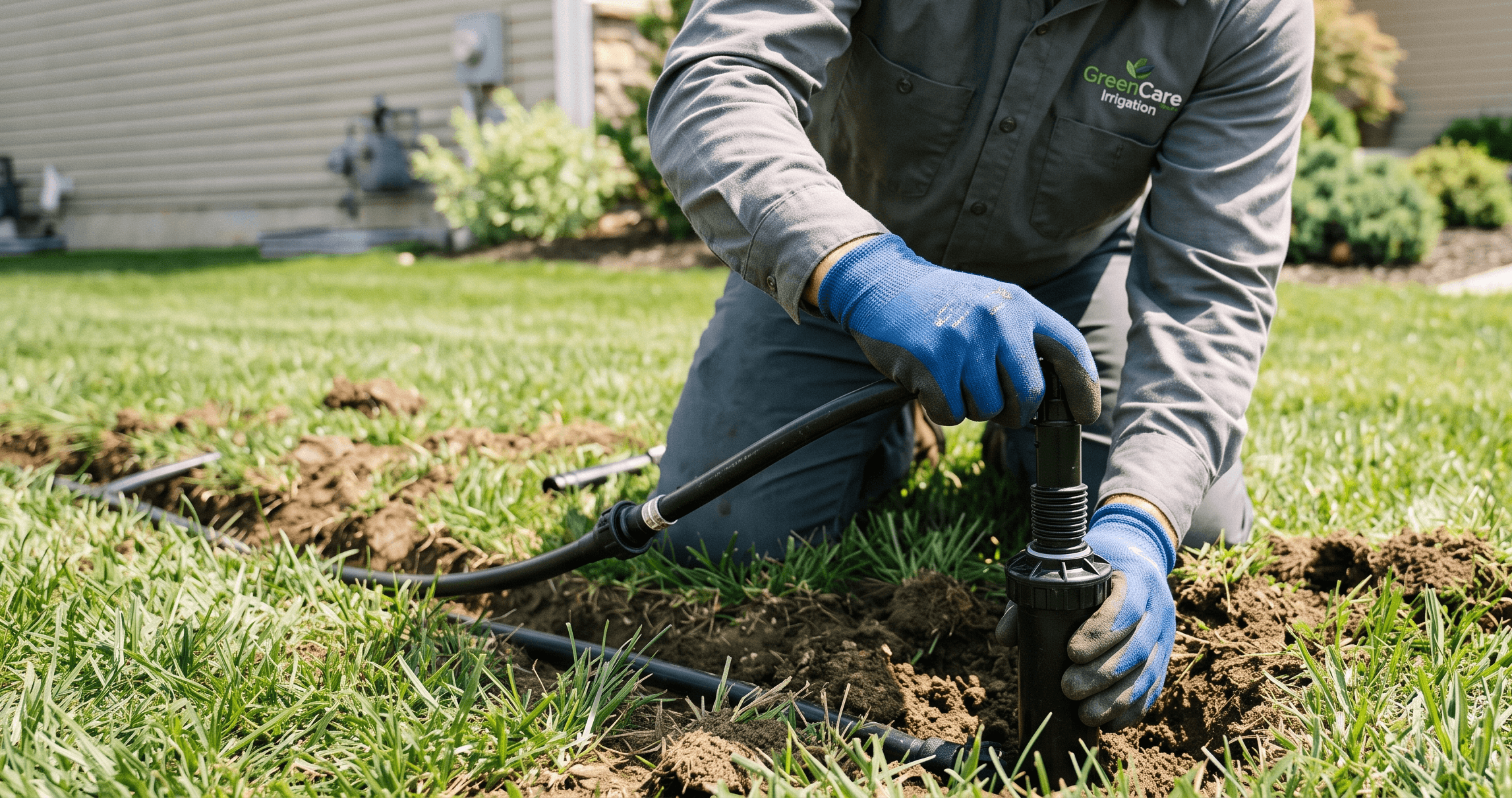Irrigation technician installing a sprinkler head in a lawn
