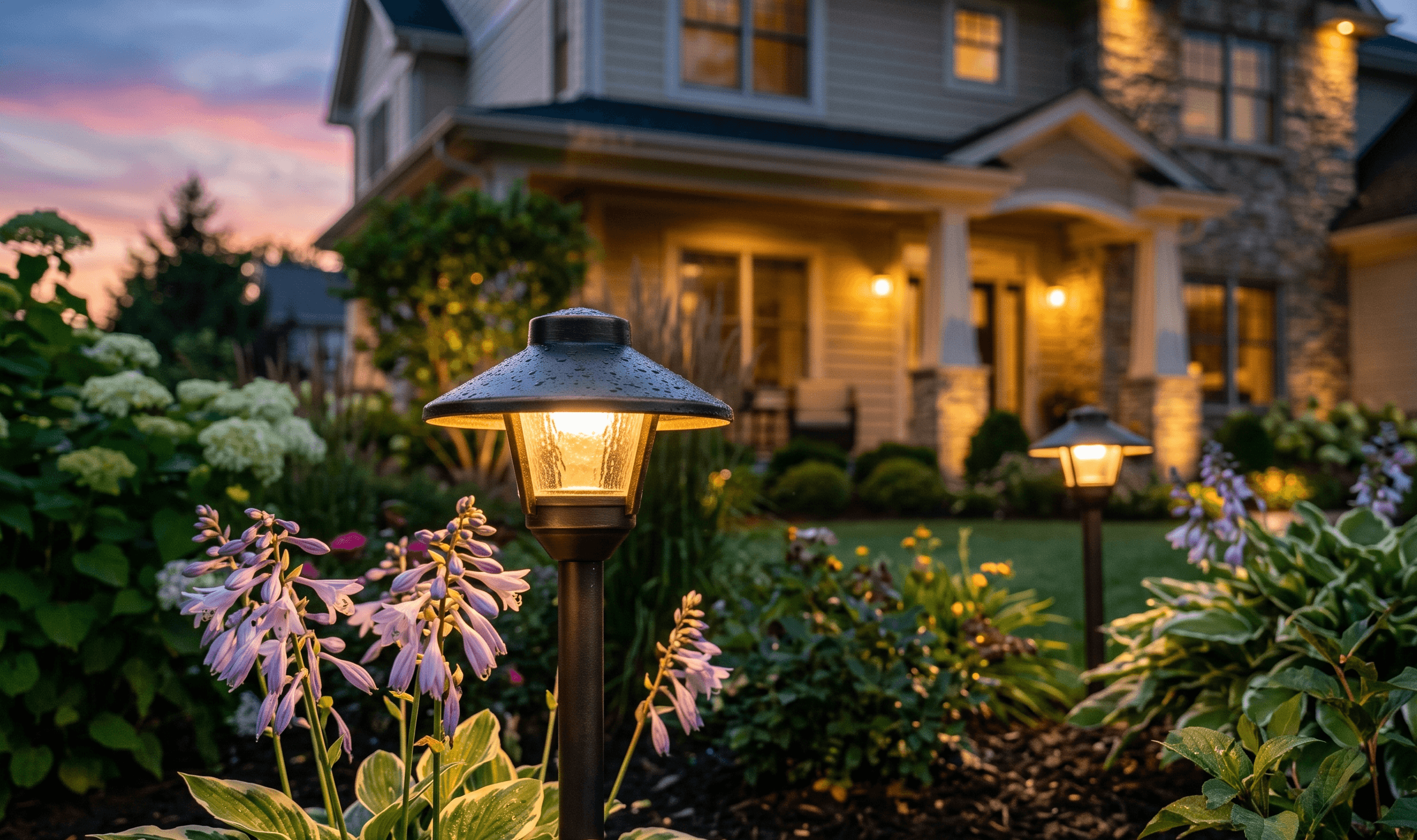 Landscape path lights illuminating a garden at dusk in front of a home