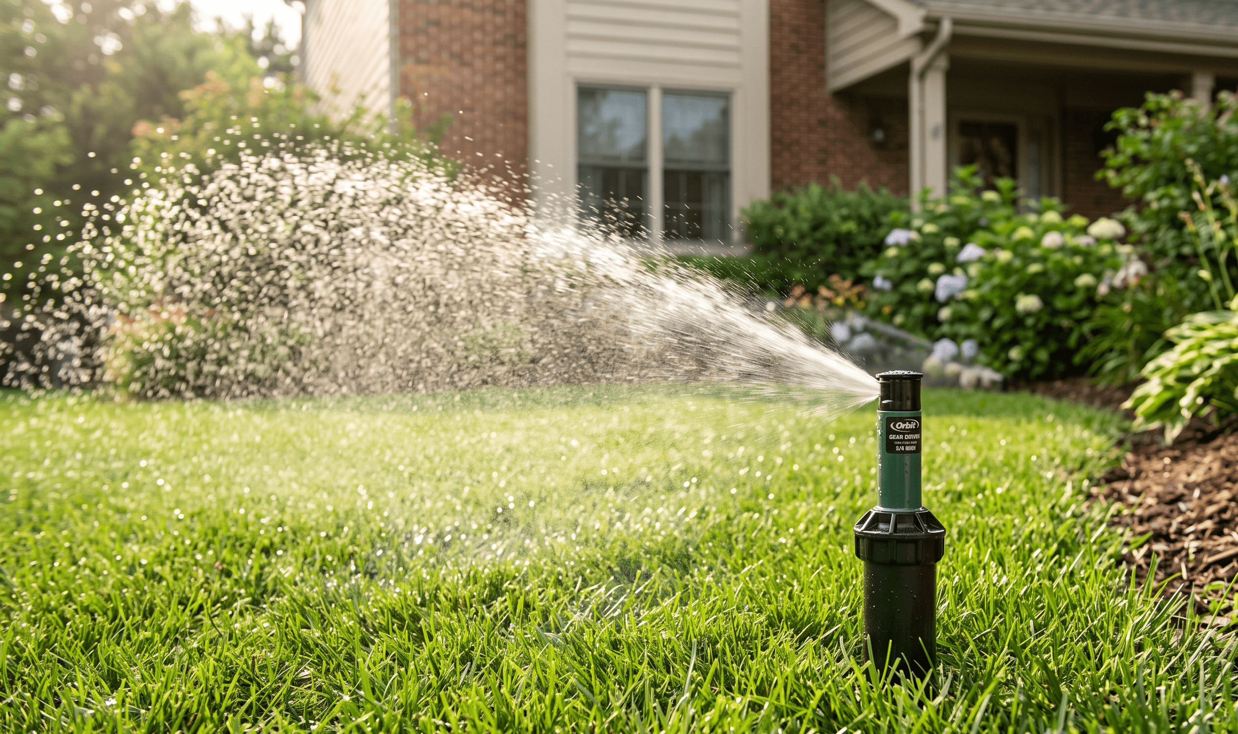 Pop-up sprinkler head watering a residential front lawn in daylight